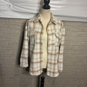 Goodnight Macaroon Tan Cream Plaid Boucle Shacket Shirt Jacket Women Large‎